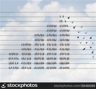 Increasing profit business graph and financial chart diagram shaped with a group of birds on a wire as an income growth concept and increase in wealth symbol on a sky background.