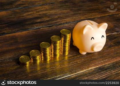 Increasing stacks of coins and a piggy bank. Increase savings, placing deposits in a bank. Loyalty program, accumulative system. Crowdfunding startups investing. Profit income. Retirement and pension