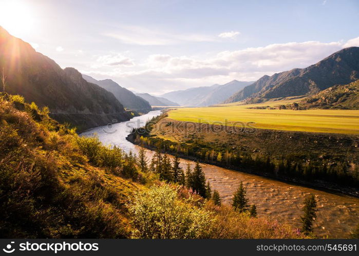 incredible landscape of Altai mountain valley with river at sunset. Altai mountains landscape.. incredible landscape of Altai mountain valley with river at sunset. Altai mountains landscape