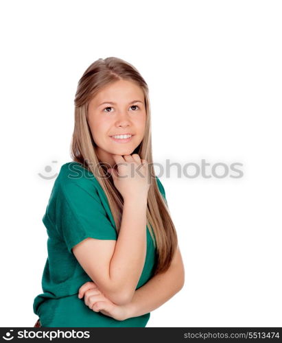 Indecisive girl looking up isolated on white background