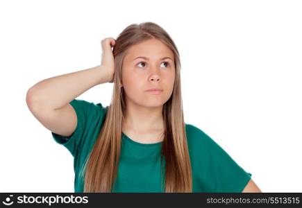 Indecisive girl looking up isolated on white background