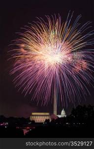 Independence Day fireworks celebrations over monuments in Washington DC