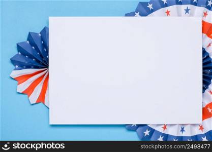 Independence Day lanterns template. 4th of July holiday banner design. USA flag colors paper fans on blue background.