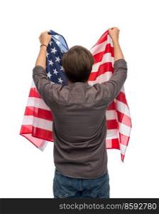 independence day, patriotic and human rights concept - man with flag of united states of america protesting on demonstration over white background. man with flag of united states of america