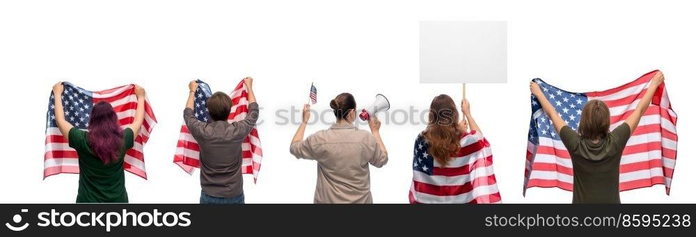 independence day, patriotic and human rights concept - people with poster and flags of united states of america protesting on demonstration over white background. people with poster and flags of united states