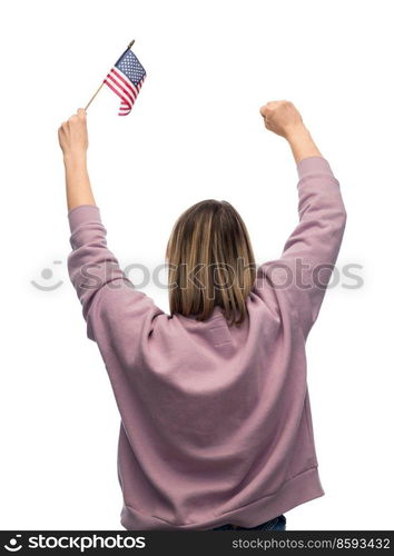 independence day, patriotic and human rights concept - woman with flag of united states of america protesting on demonstration over white background. woman with flag of america on demonstration