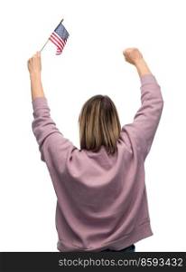 independence day, patriotic and human rights concept - woman with flag of united states of america protesting on demonstration over white background. woman with flag of america on demonstration
