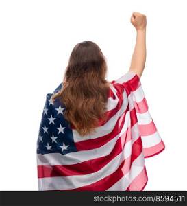 independence day, patriotic and human rights concept - woman with flag of united states of america protesting on demonstration over white background. woman with flag of america on demonstration