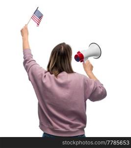 independence day, patriotic and human rights concept - woman with megaphone and flag of united states of america protesting on demonstration over white background. woman with megaphone and flag of united states