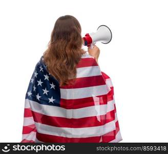 independence day, patriotic and human rights concept - woman with megaphone and flag of united states of america protesting on demonstration over white background. woman with megaphone and flag of united states
