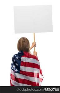 independence day, patriotic and human rights concept - woman with poster and flag of united states of america protesting on demonstration over white background. woman with poster and flag of united states