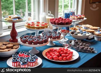 Independence Day themed dessert table, featuring an array of red, white, and blue treats, such as flag-shaped cookies, patriotic cupcakes, and a star-spangled fruit platter. Generative AI