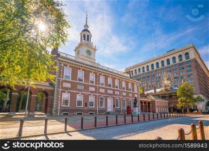 Independence Hall in Philadelphia, Pennsylvania USA with blue sky