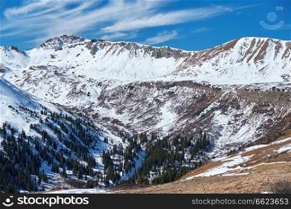 Independence Pass in Rocky Mountains, Colorado, USA. High alpine tundra landscape with rocks and mountains at autumn. 