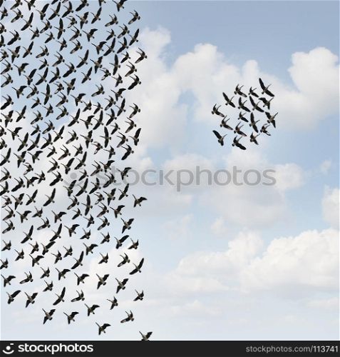 Independent group thinkers concept and new team leadership concept or teamwork individuality as a crowd of flying birds with one small grouping going in the opposite direction in a 3D illustration style.