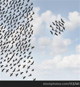 Independent group thinkers concept and new team leadership concept or teamwork individuality as a crowd of flying birds with one small grouping going in the opposite direction in a 3D illustration style.