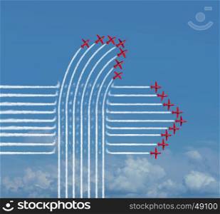 Independent team concept and game changer business organization or political movement change symbol and disruptive group innovation icon as a sn organized set of jet airplanes breaking through the establishment with 3D illustration elements.&#xA;&#xA;