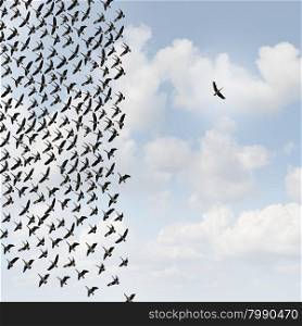Independent thinker concept and new leadership concept or individuality as a group of flying geese with one individual bird going in the opposite direction as a business symbol for innovative thinking and as a different nonconformist maverick.