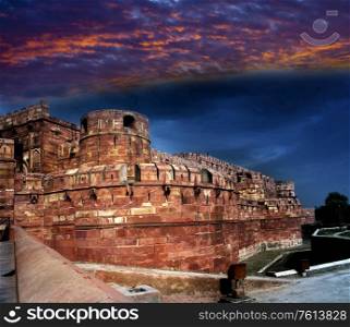 India. Agra. Red fort on a sunset