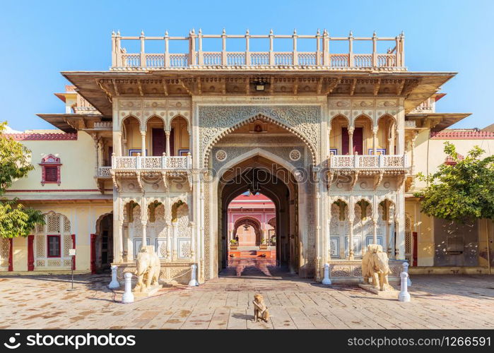 India, City Palace of Jaipur, view on the gate and the monkey.. India, City Palace of Jaipur, view on the gate and the monkey