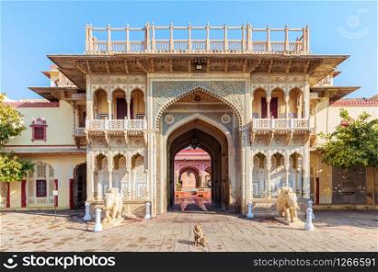India, City Palace of Jaipur, view on the gate and the monkey.. India, City Palace of Jaipur, view on the gate and the monkey