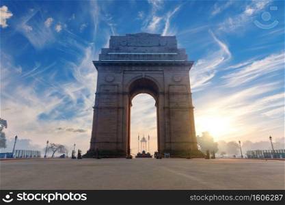 India Gate at sunrise, famous landmark of New Dehli, no people.