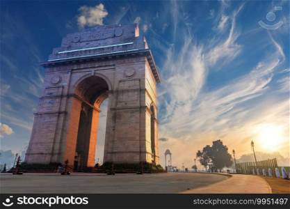 India Gate in New Delhi, sunset view.