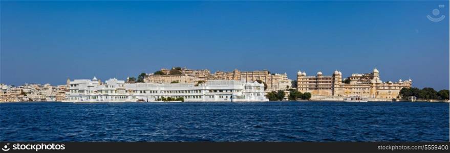 India luxury romantic travel tourism concept background - panorama of Lake Pichola, Lake palace and City Palace. Udaipur, India