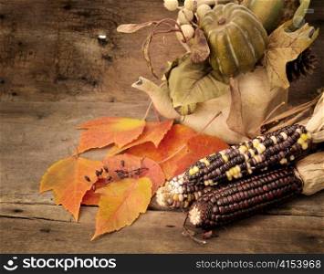 Indian Corn And Autumn Decoration On A Wooden Background