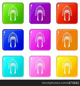 Indian headdress icons of 9 color set isolated vector illustration. Indian headdress icons 9 set