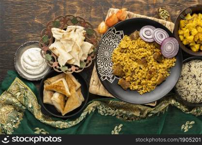 indian meal with rice sari. Beautiful photo. indian meal with rice sari