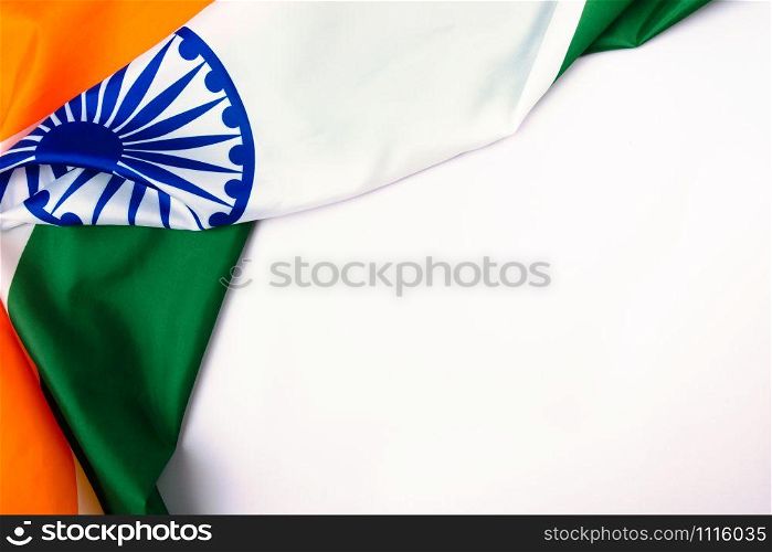 Indian republic day, flat lay top view, Indian tricolor flag on white background with copy space for your text