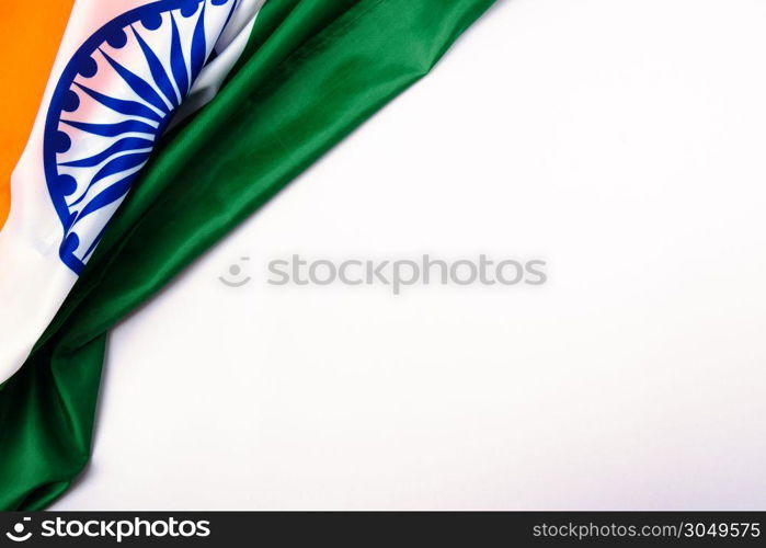 Indian republic day, flat lay top view, Indian tricolor flag on white background with copy space for your text