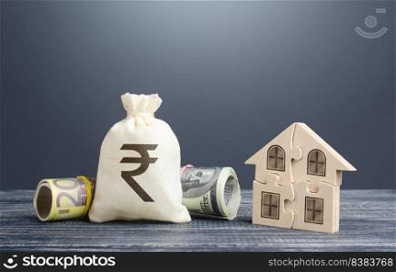 Indian rupee money bag and puzzle house. Mortgage loans building maintenance and utility services costs. Energy efficiency, savings. Social programs. Housing cooperative membership legal entity.