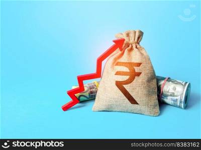 Indian rupee money bag and red up arrow. Economic growth, GDP. Increase in the deposit rate. Increase income and business efficiency. Inflation acceleration. Investments. Rise in profits, budget fees.