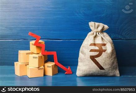 Indian rupee money bag with boxes and down arrow. Income decrease, slowdown and decline of economy. Low sales. Production decline. Reduced prices. Bad consumer sentiment and demand for goods.