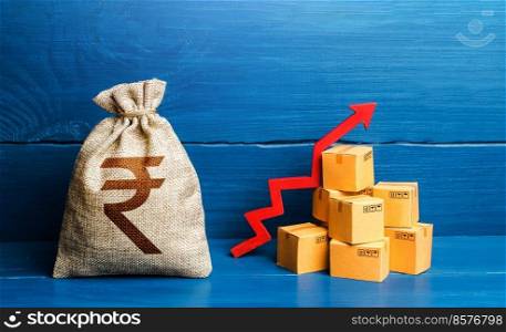 Indian rupee money bag with boxes and up arrow. Income increase, acceleration and growing of economy. Production rise. Growing transportation prices. Good consumer sentiment and demand for goods.