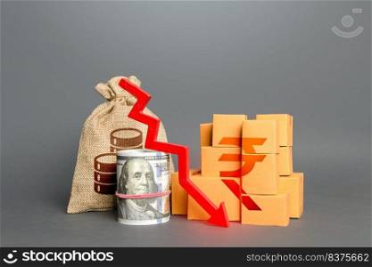Indian rupee money with goods and an arrow down. Falling profits. Low sales. Production decline. Import export. Taxes. National economy fall. Reduction in consumption, trade imbalance.