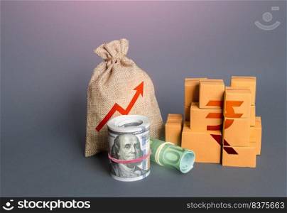 Indian rupee symbol with goods and an arrow up. Growing profits. High sales. Import export. Increase in budget revenues. Increasing consumption, trade balance. Economy growth.