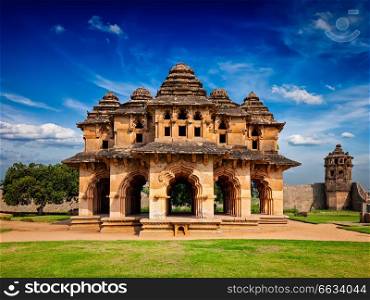 Indian tourist landmark Lotus Mahal pavilion. Royal Centre. Hampi, Karnataka, India. Lotus Mahal pavilion