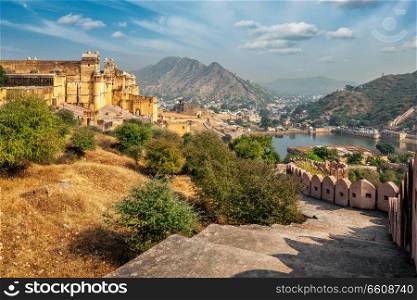 Indian travel famous tourist landmark - view of Amer  Amber  fort and Maota lake, Rajasthan, India. View of Amer  Amber  fort, Rajasthan, India