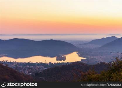 Indian view, sunrise on the Man Sagar Lake and the Jal Mahal palace in Jaipur.. Indian view, sunrise on the Man Sagar Lake and the Jal Mahal palace in Jaipur