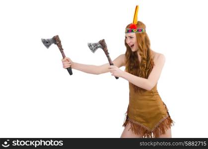 Indian woman with axes on white