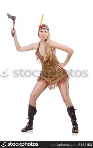 Indian woman with axes on white