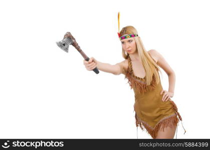 Indian woman with axes on white