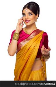 Indian woman with mobile phone isolated