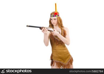 Indian woman with rifle on white