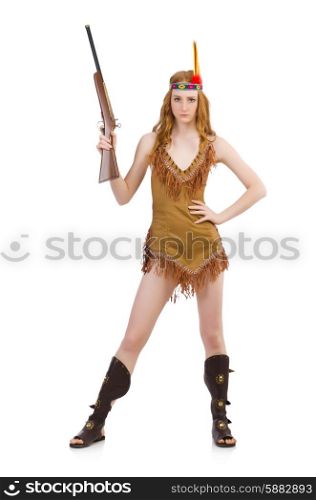 Indian woman with rifle on white