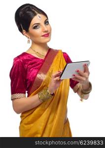 Indian woman with tablet PC isolated
