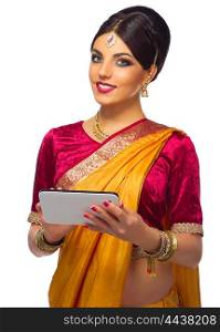 Indian woman with tablet PC isolated on white
